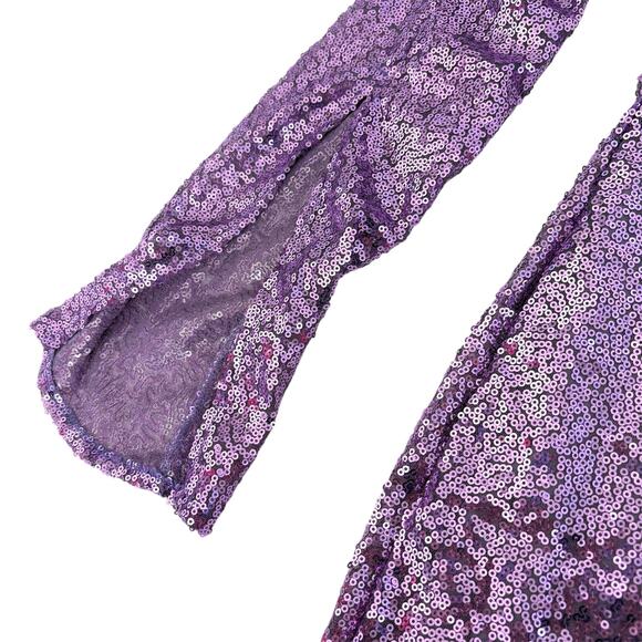 Purple Sequin Mini Dress Split Long Sleeve V Neck Cocktail NYE Party Sparkly | M - Picture 4 of 5